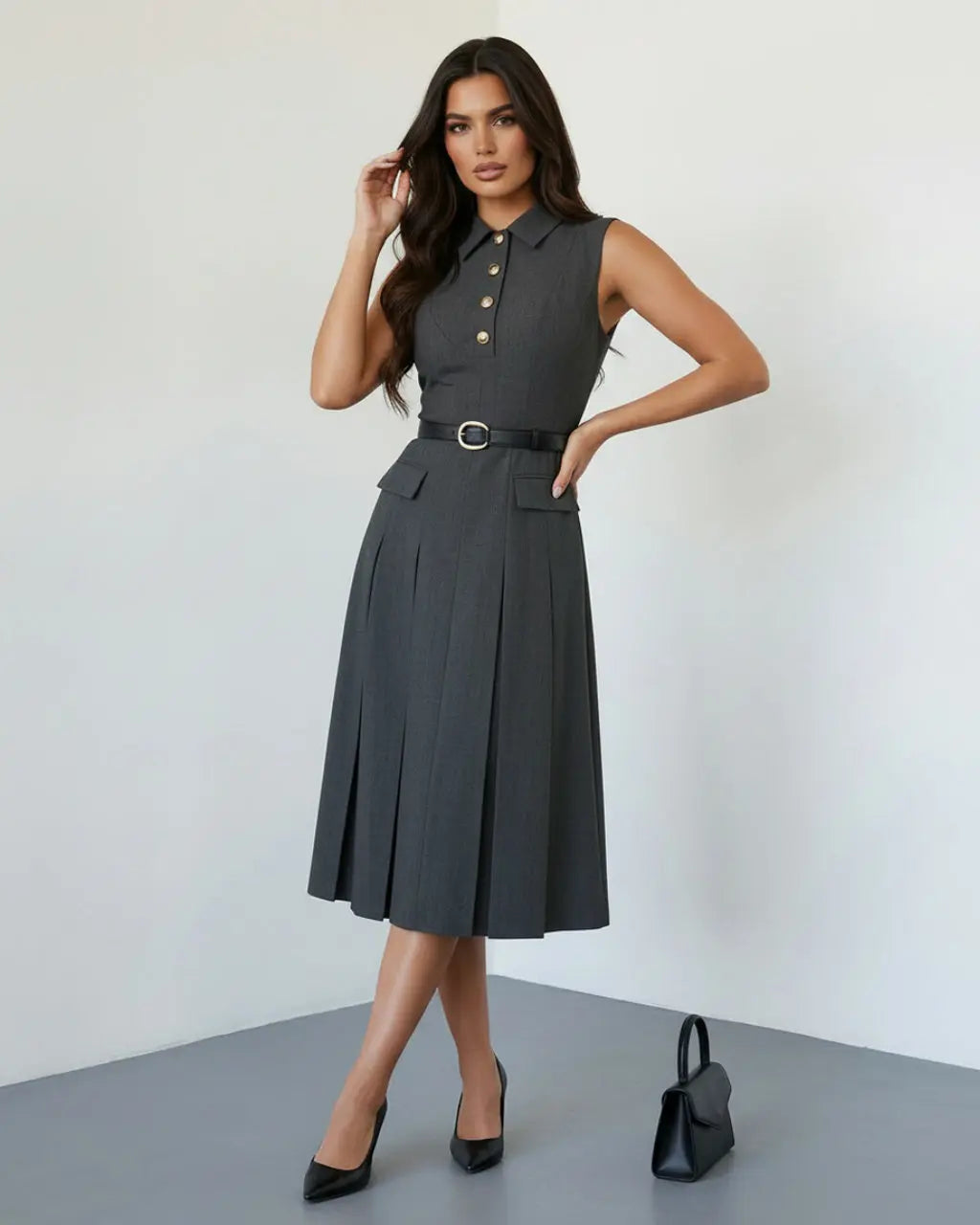 SOLACE  Grey Formal Sleeveless Collared Button Front Belted Pleated Midi Shirt Dress?