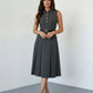 SOLACE  Grey Formal Sleeveless Collared Button Front Belted Pleated Midi Shirt Dress?