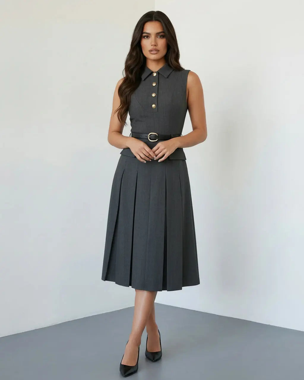 SOLACE  Grey Formal Sleeveless Collared Button Front Belted Pleated Midi Shirt Dress?