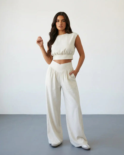 SOLACE  White Linen Blend Cap Sleeve Ruched Crop Top V Waist Wide Leg Pants Set?