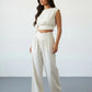 SOLACE  White Linen Blend Cap Sleeve Ruched Crop Top V Waist Wide Leg Pants Set?