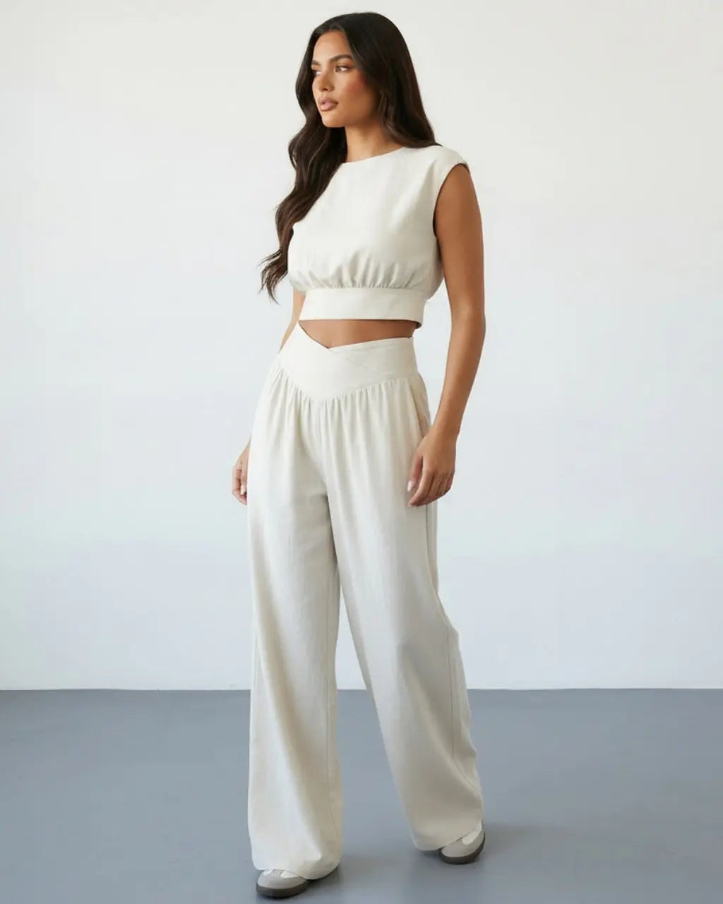SOLACE  White Linen Blend Cap Sleeve Ruched Crop Top V Waist Wide Leg Pants Set?