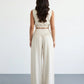 SOLACE  White Linen Blend Cap Sleeve Ruched Crop Top V Waist Wide Leg Pants Set?