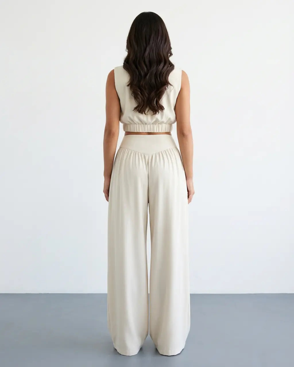 SOLACE  White Linen Blend Cap Sleeve Ruched Crop Top V Waist Wide Leg Pants Set?
