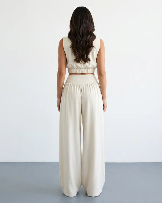 SOLACE  White Linen Blend Cap Sleeve Ruched Crop Top V Waist Wide Leg Pants Set?