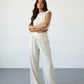 SOLACE  White Linen Blend Cap Sleeve Ruched Crop Top V Waist Wide Leg Pants Set?