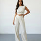 SOLACE  White Linen Blend Cap Sleeve Ruched Crop Top V Waist Wide Leg Pants Set?