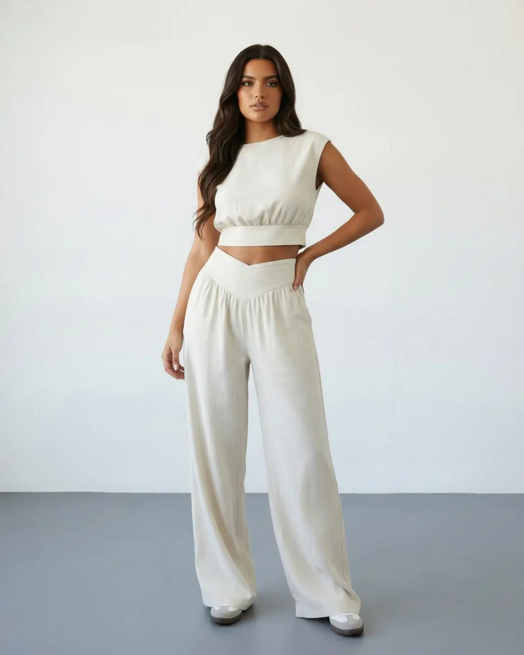 SOLACE  White Linen Blend Cap Sleeve Ruched Crop Top V Waist Wide Leg Pants Set?