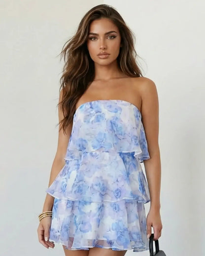 SOLACE  Blue Watercolor Floral Ruffle Tiered Strapless Mini Dress?