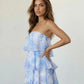 SOLACE  Blue Watercolor Floral Ruffle Tiered Strapless Mini Dress?