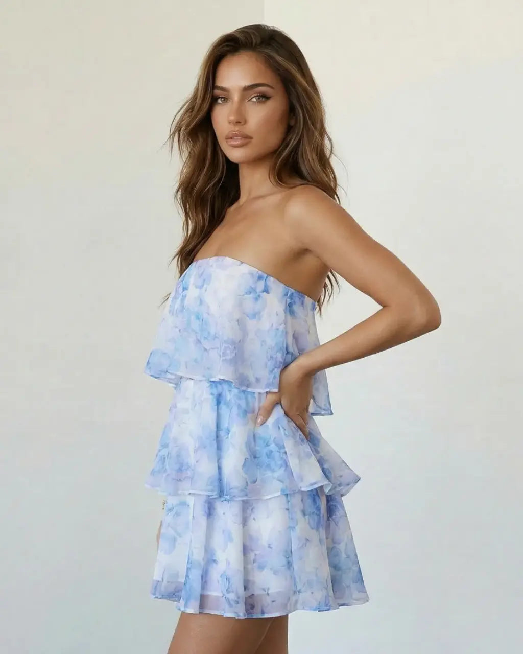 SOLACE  Blue Watercolor Floral Ruffle Tiered Strapless Mini Dress?