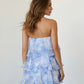 SOLACE  Blue Watercolor Floral Ruffle Tiered Strapless Mini Dress?