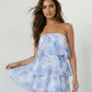 SOLACE  Blue Watercolor Floral Ruffle Tiered Strapless Mini Dress?