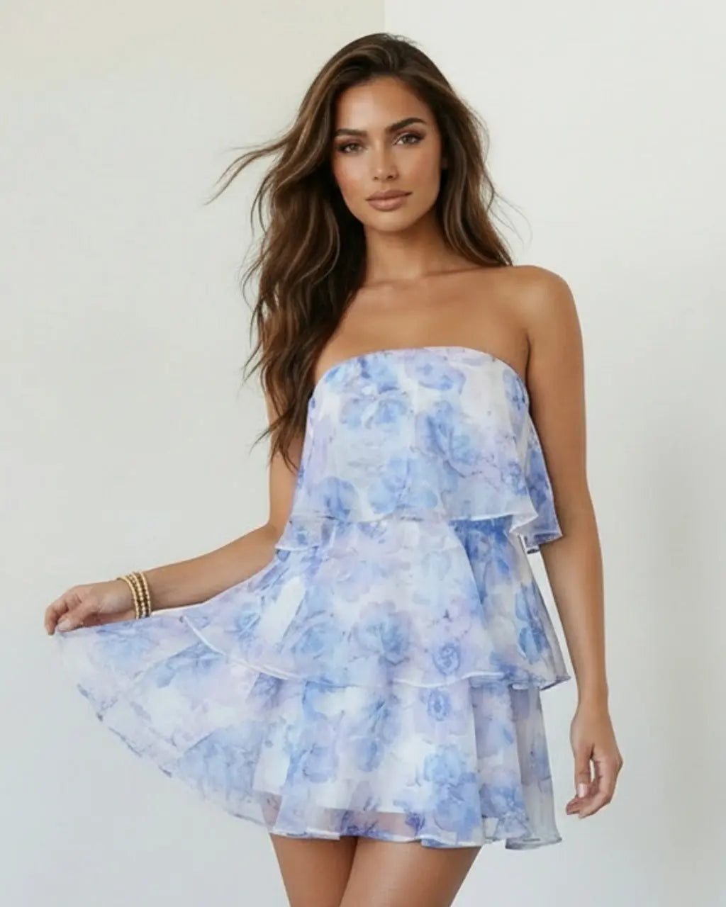 SOLACE  Blue Watercolor Floral Ruffle Tiered Strapless Mini Dress?