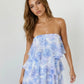 SOLACE  Blue Watercolor Floral Ruffle Tiered Strapless Mini Dress?