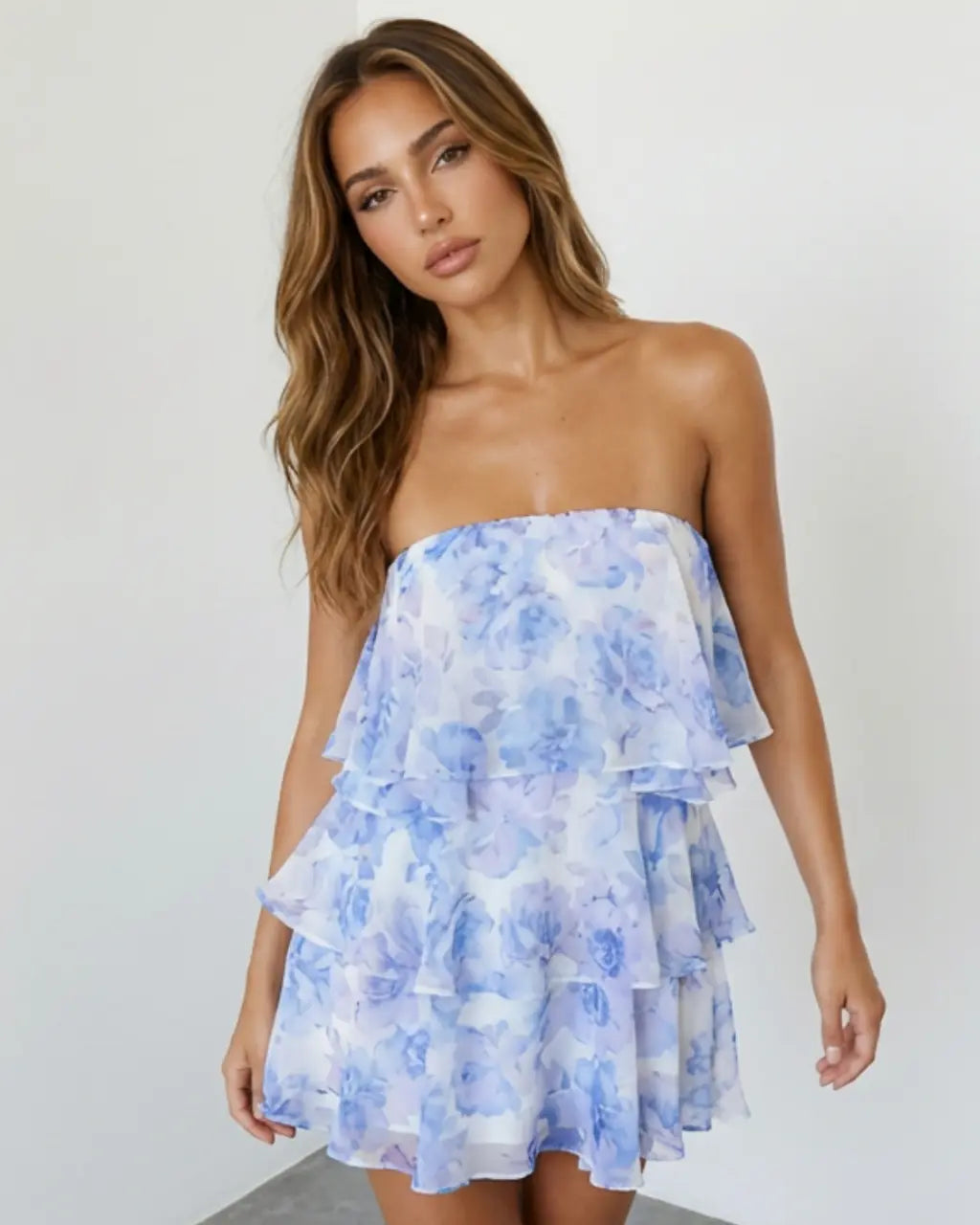 SOLACE  Blue Watercolor Floral Ruffle Tiered Strapless Mini Dress?