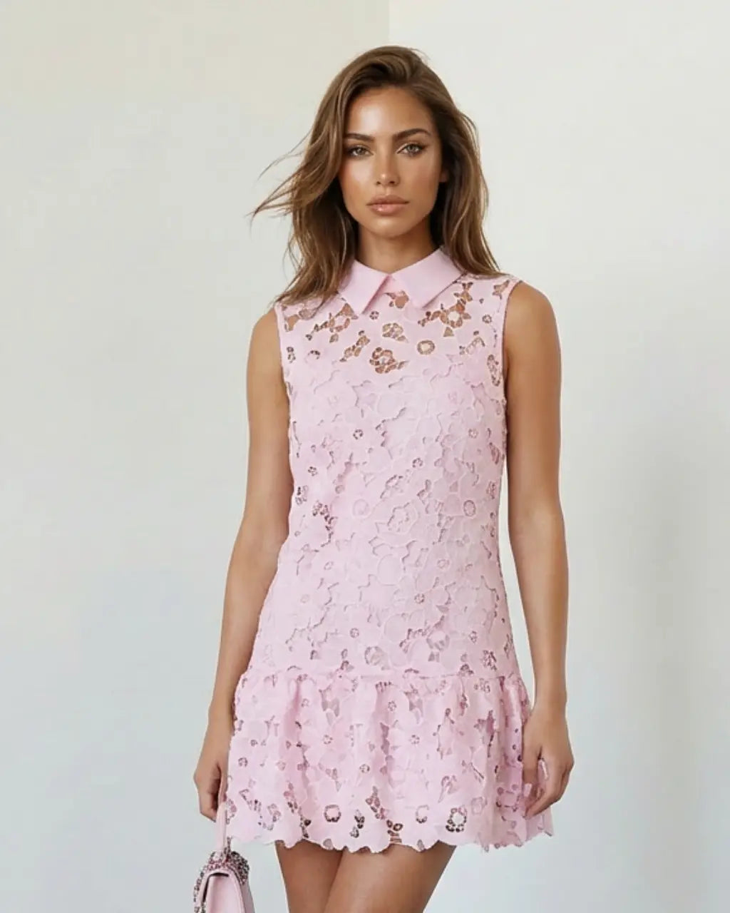 SOLACE  Pink Floral Lace Peter Pan Collar Sleeveless Mini Dress?