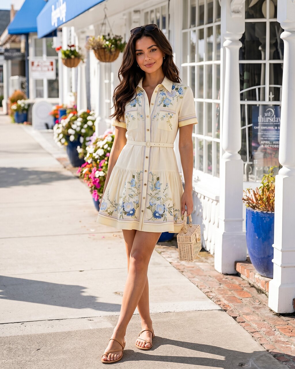 Floral Embroidered Belted Ruffle Hem Shirt Mini Dress OMFORT