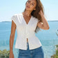 SOLACE  White Casual V Neck Tie Front Pleated Cap Sleeve Peplum Blouse?