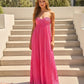 Fuchsia Pink Pleated Fabric Flowy Fit Maxi Dress OMFORT