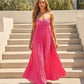 Fuchsia Pink Pleated Fabric Flowy Fit Maxi Dress OMFORT