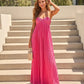 Fuchsia Pink Pleated Fabric Flowy Fit Maxi Dress OMFORT