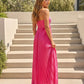 Fuchsia Pink Pleated Fabric Flowy Fit Maxi Dress OMFORT