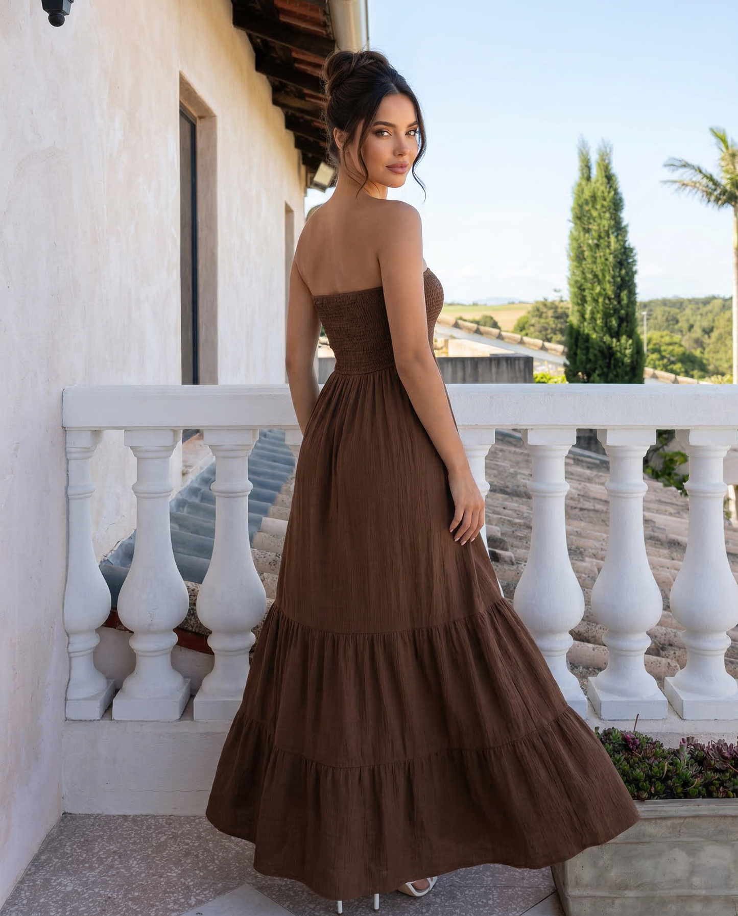 SOLACE  Brown Strapless Smocked Tiered Maxi Dress?