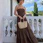 SOLACE  Brown Strapless Smocked Tiered Maxi Dress?