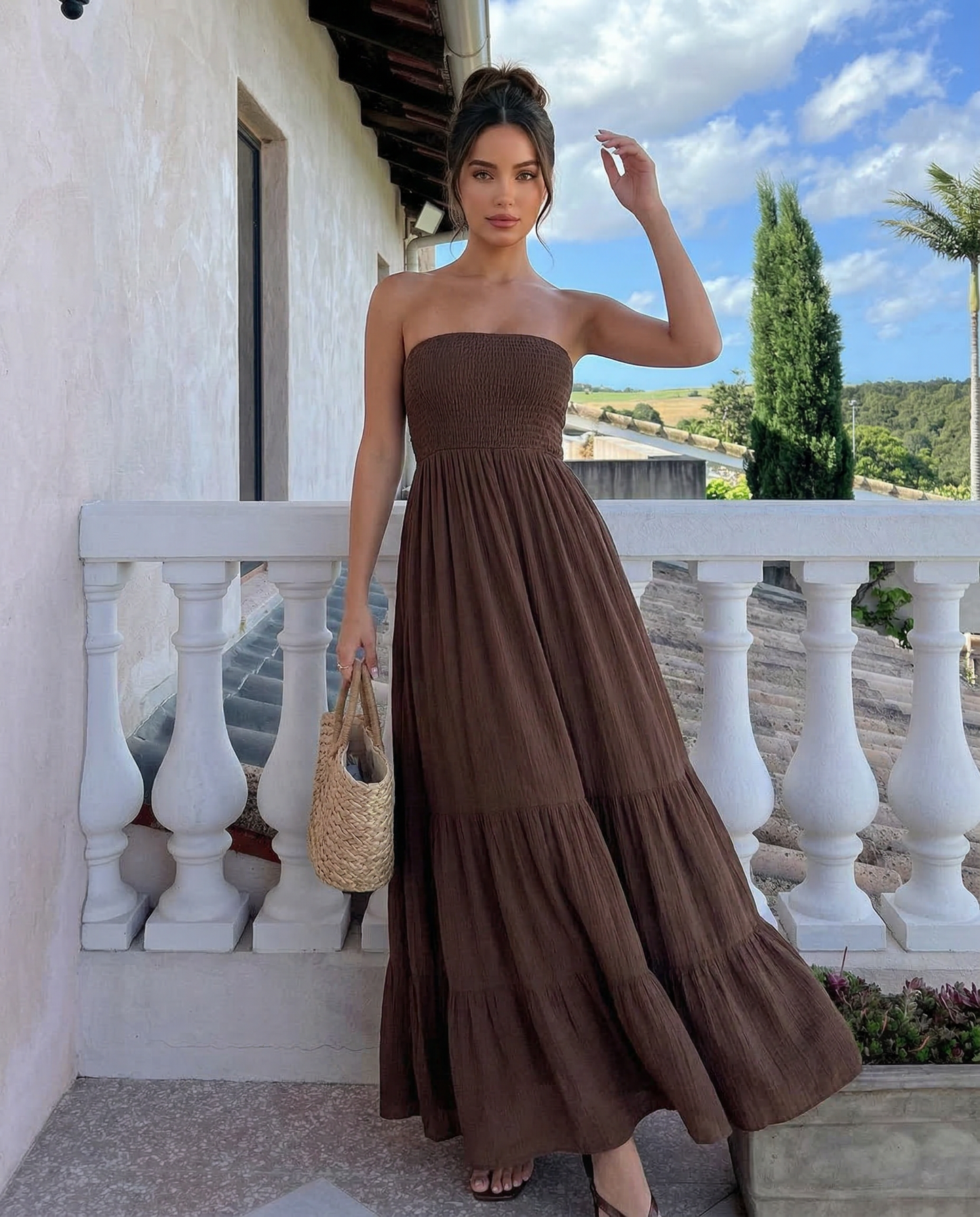 SOLACE  Brown Strapless Smocked Tiered Maxi Dress?