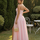 SOLACE  Pink Linen Blend Square Neck Side Slit Maxi Dress?