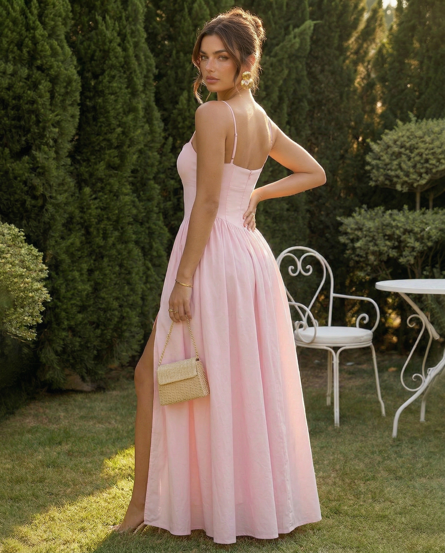 SOLACE  Pink Linen Blend Square Neck Side Slit Maxi Dress?