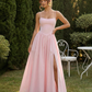 SOLACE  Pink Linen Blend Square Neck Side Slit Maxi Dress?