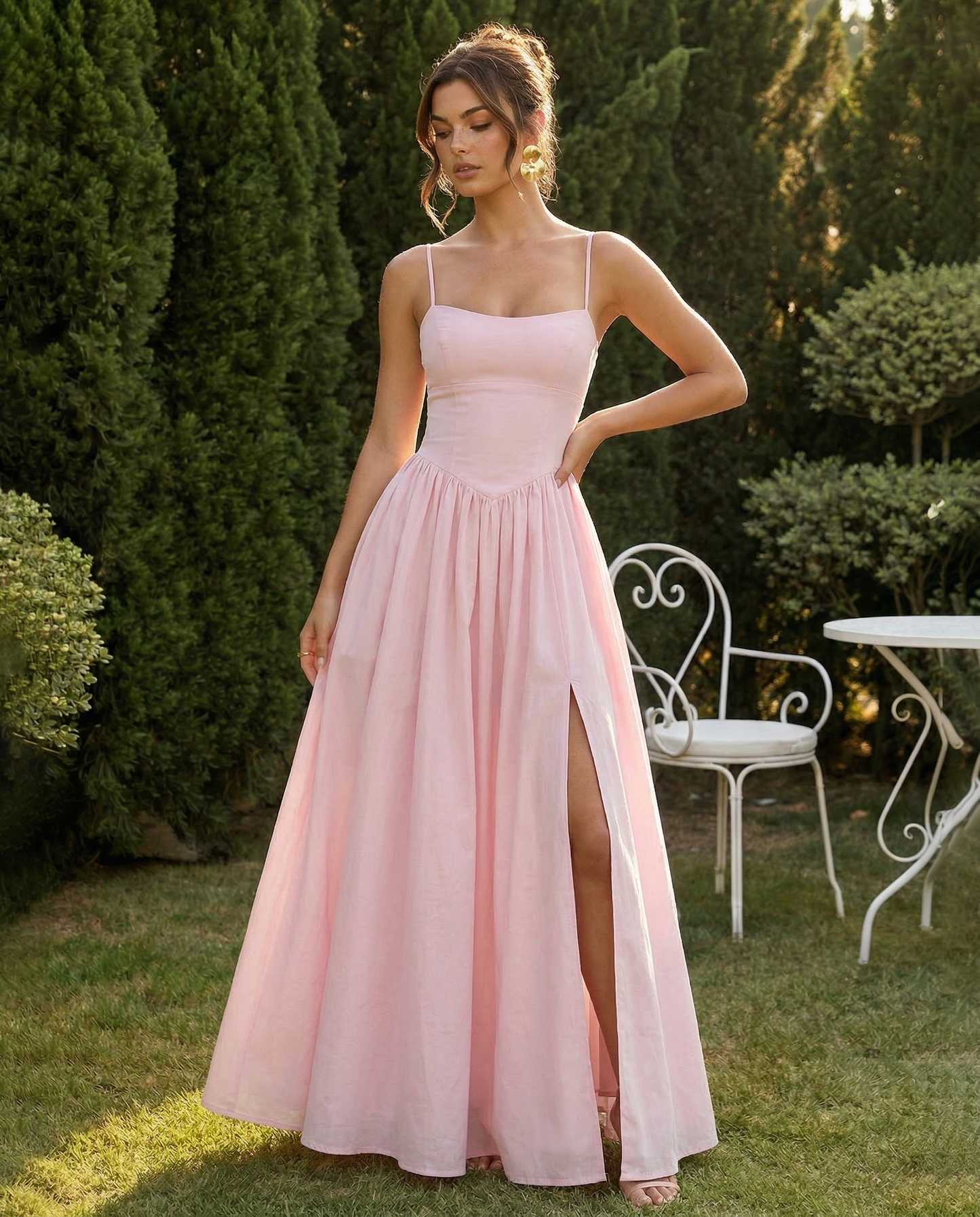 SOLACE  Pink Linen Blend Square Neck Side Slit Maxi Dress?