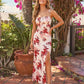 Floral Print Tie Strap Square Neck Split Bodycon Maxi Dress OMFORT