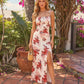Floral Print Tie Strap Square Neck Split Bodycon Maxi Dress OMFORT
