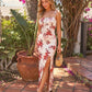 Floral Print Tie Strap Square Neck Split Bodycon Maxi Dress OMFORT