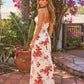 Floral Print Tie Strap Square Neck Split Bodycon Maxi Dress OMFORT