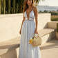 SOLACE  Stripe Halter Neck Deep V Cutout Smocked Back Maxi Dress?