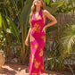 Fuchsia Tropical Floral Print Halter Neck Cowl Bust Mermaid Maxi Dress OMFORT