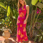 Fuchsia Tropical Floral Print Halter Neck Cowl Bust Mermaid Maxi Dress OMFORT