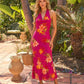 Fuchsia Tropical Floral Print Halter Neck Cowl Bust Mermaid Maxi Dress OMFORT