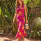 Fuchsia Tropical Floral Print Halter Neck Cowl Bust Mermaid Maxi Dress OMFORT