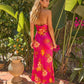 Fuchsia Tropical Floral Print Halter Neck Cowl Bust Mermaid Maxi Dress OMFORT