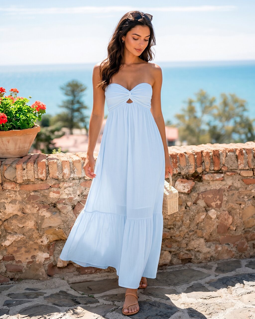 Strapless Twist Front Cutout Tiered Maxi Dress OMFORT