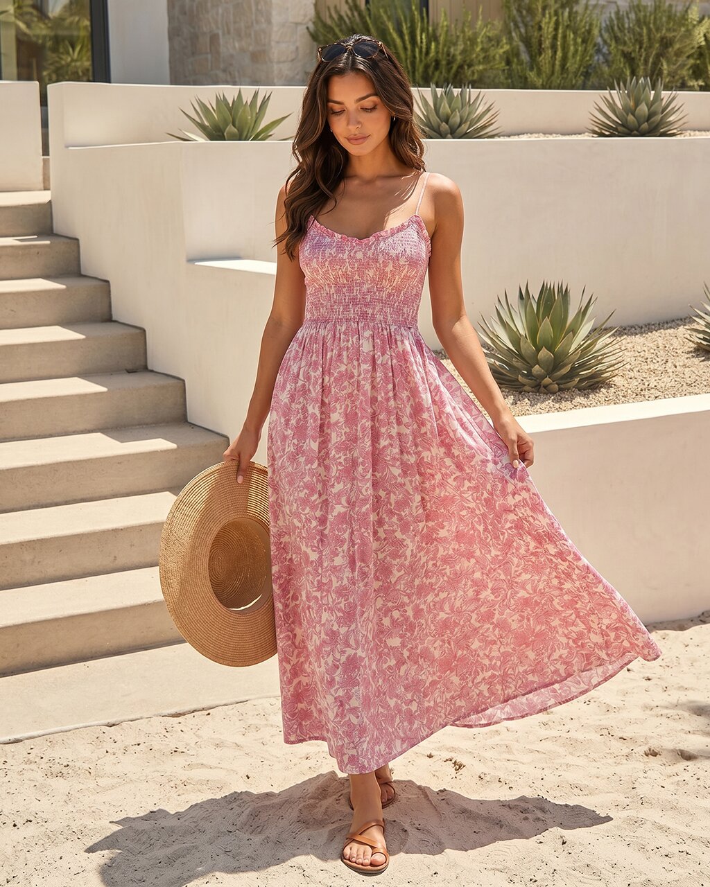 Pink Floral Print Smocked Bodice Spaghetti Strap Maxi Dress OMFORT
