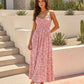 Pink Floral Print Smocked Bodice Spaghetti Strap Maxi Dress OMFORT