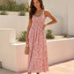 Pink Floral Print Smocked Bodice Spaghetti Strap Maxi Dress OMFORT