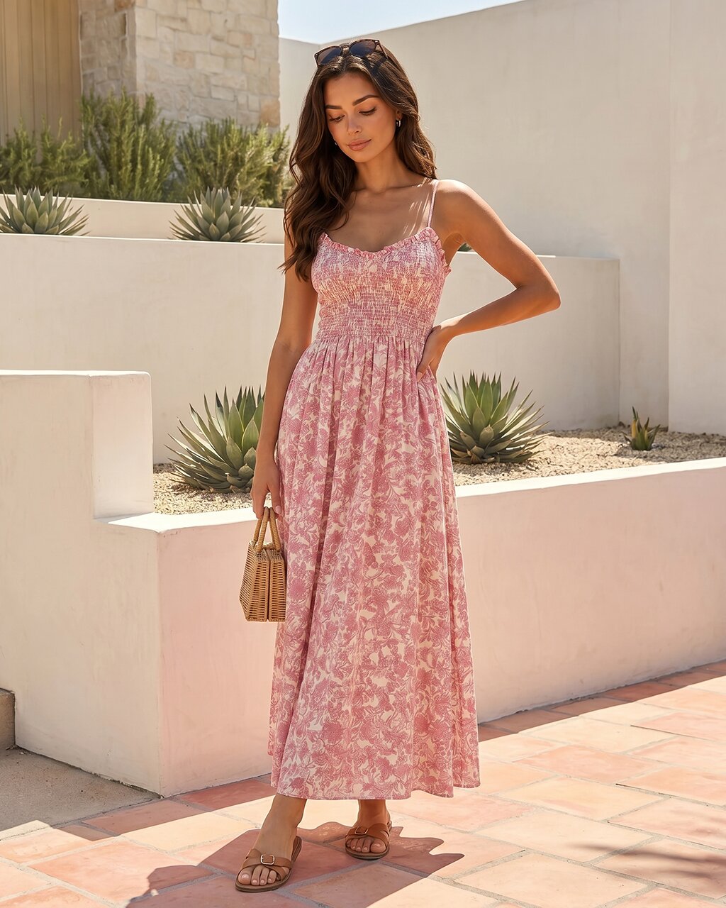 Pink Floral Print Smocked Bodice Spaghetti Strap Maxi Dress OMFORT
