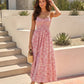 Pink Floral Print Smocked Bodice Spaghetti Strap Maxi Dress OMFORT